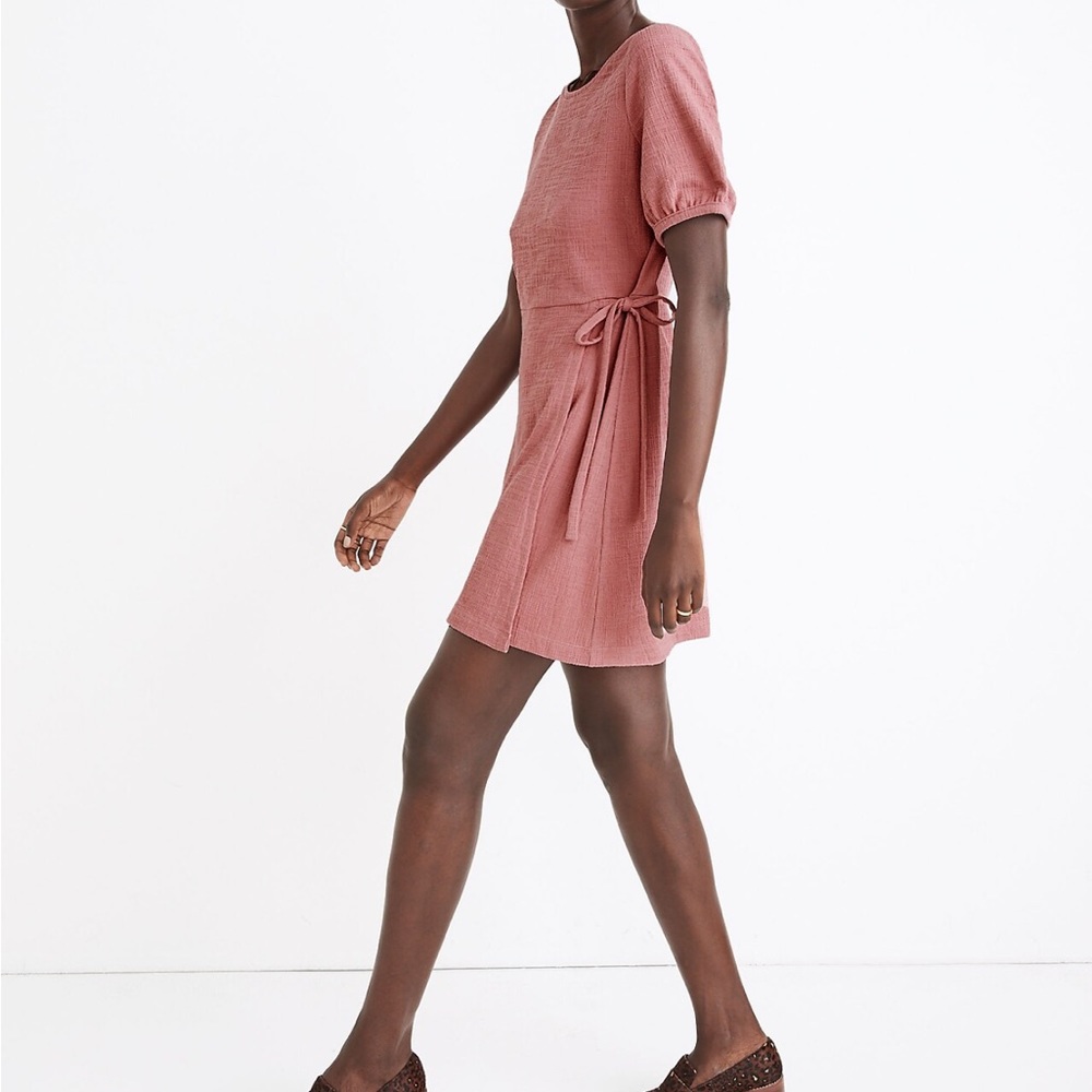 Madewell Crosshatch Puff-Sleeve Faux-Wrap Mini Dress in weathered berry